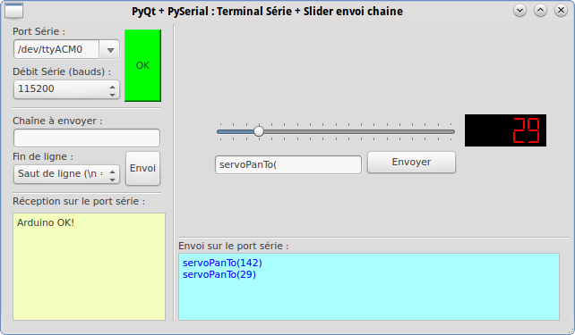 PyQt Lab' : Port Série : en envoi : Envoyer sur le port série la valeur numérique courante d'un slider après validation par appui sur un pushButton