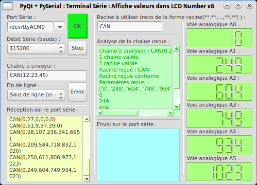 PyQt Lab' : Port Série : en réception : Affichage dans 6 widgets d'affichage LCD de 6 valeurs numériques reçues sur le port série.