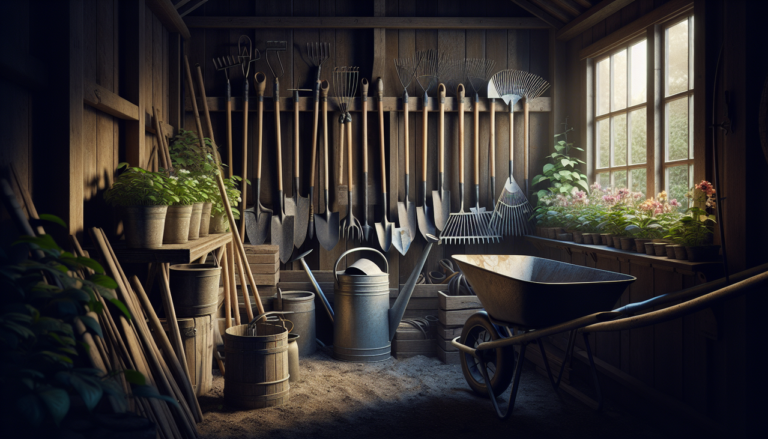 Outils en B dans un abri de jardin rustique.