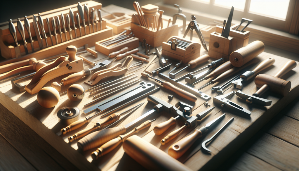 Optimise pour Google Image: Collection d'outils en C sur établi en bois éclairé. Détails et textures précises. Variantes outils: ciseaux, serres, compas. Propre, professionnel, profondeur de champ, lumière naturelle et chaleureuse. Mettre en avant bois et métal brillant, artisanat et fierté du travailleur.