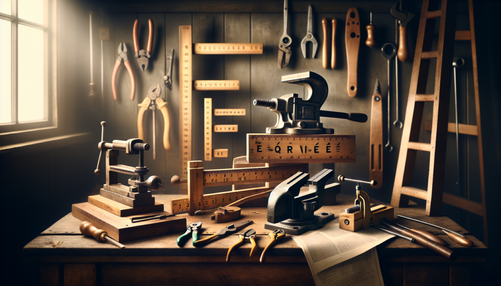 Outils en E : équerre, étau, échelle, échenilloir sur établi en bois, lumière naturelle. Balance entre outils, fond flou.