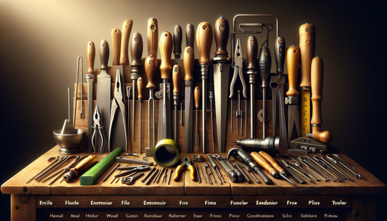 Outils en F sur un établi en bois, bien éclairés, détaillés. Profondeur de champ douce, réalisme élevé, jeu d'ombres naturelles.