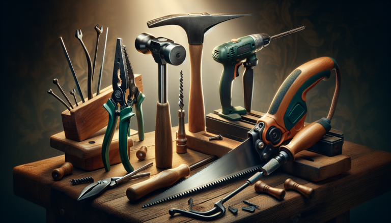 Outils en H variés sur établi bois, bien éclairés, prêts à l'usage.