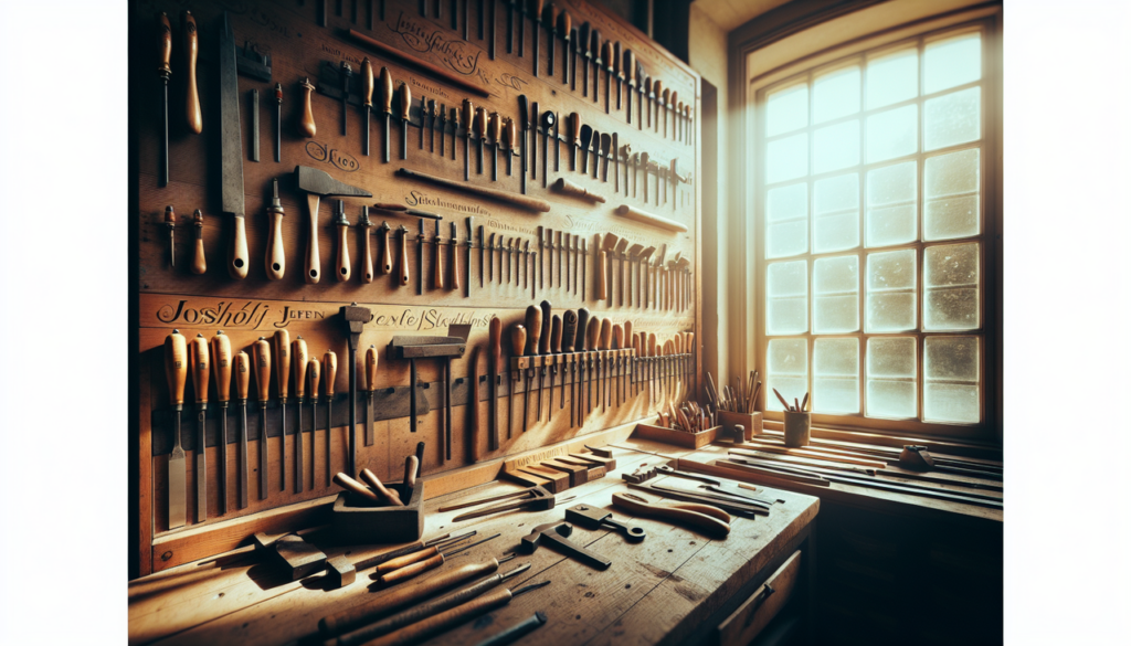 Afficher : "Outils en J - Atelier lumineux avec ustensiles en bois, noms en cursive, vintage et moderne. Haute résolution."