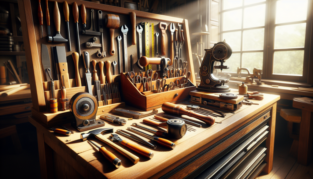Montage photo outils en M sur établi en bois. Brillance naturelle, ambiance atelier, détails outils variés.