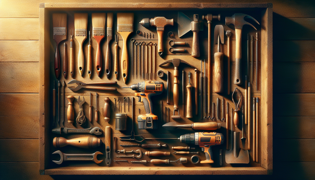 Outils en P sur fond bois, bien éclairés avec ombres subtiles.