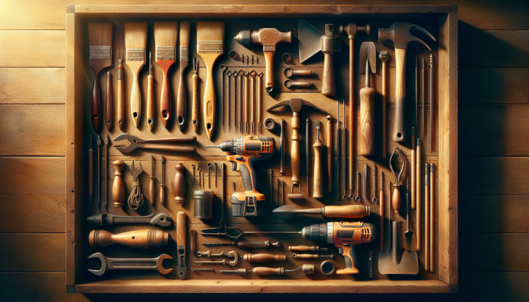Outils en P sur fond bois, bien éclairés avec ombres subtiles.