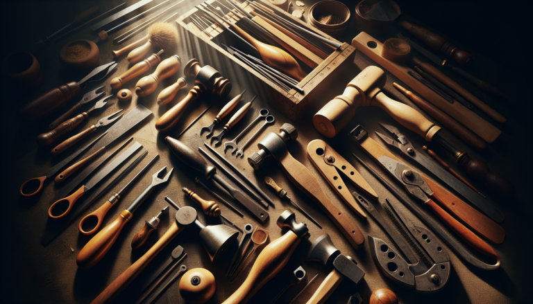 Illustration d'outils en Q dans un atelier : diversité des matériaux, texture et harmonie des couleurs.