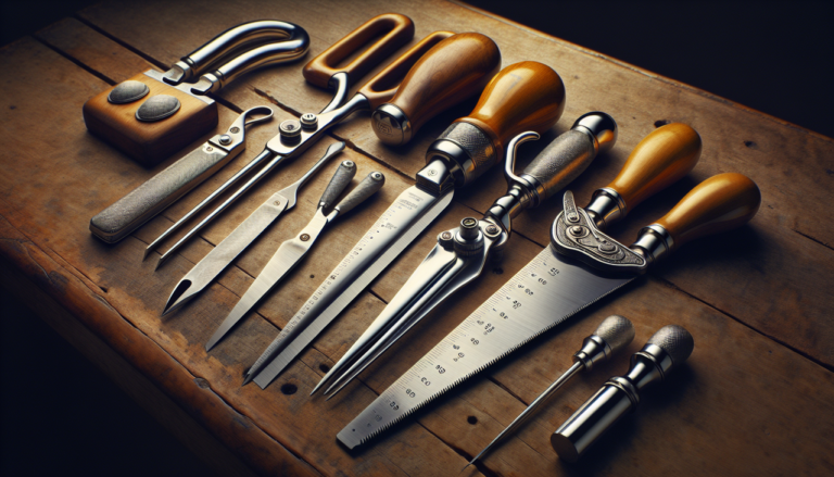 Outils en S variés bien organisés sur fond bois, éclairage naturel, résolution 300 dpi.
