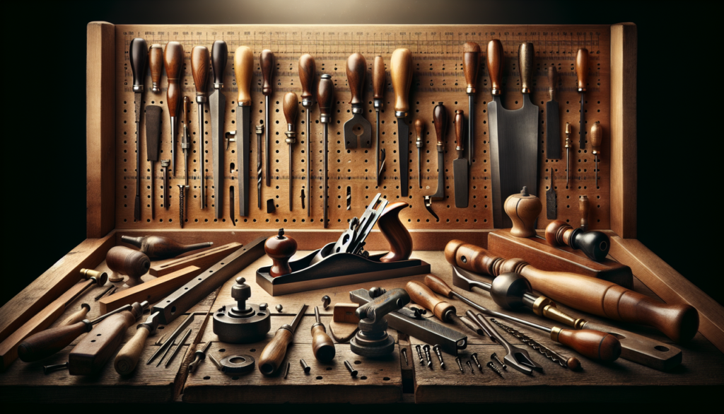 Afficher : "Collection d'outils en V sur un établi en bois - scie, vis, vrille, etc. - workshop" .