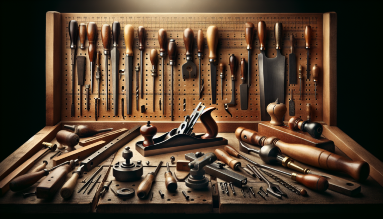 Afficher : "Collection d'outils en V sur un établi en bois - scie, vis, vrille, etc. - workshop" .