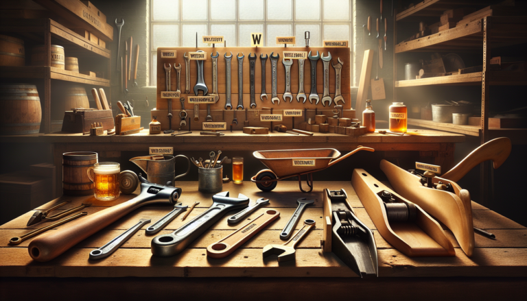 Afficher : "Assortiment d'outils en "W" sur établi en bois bien organisé."