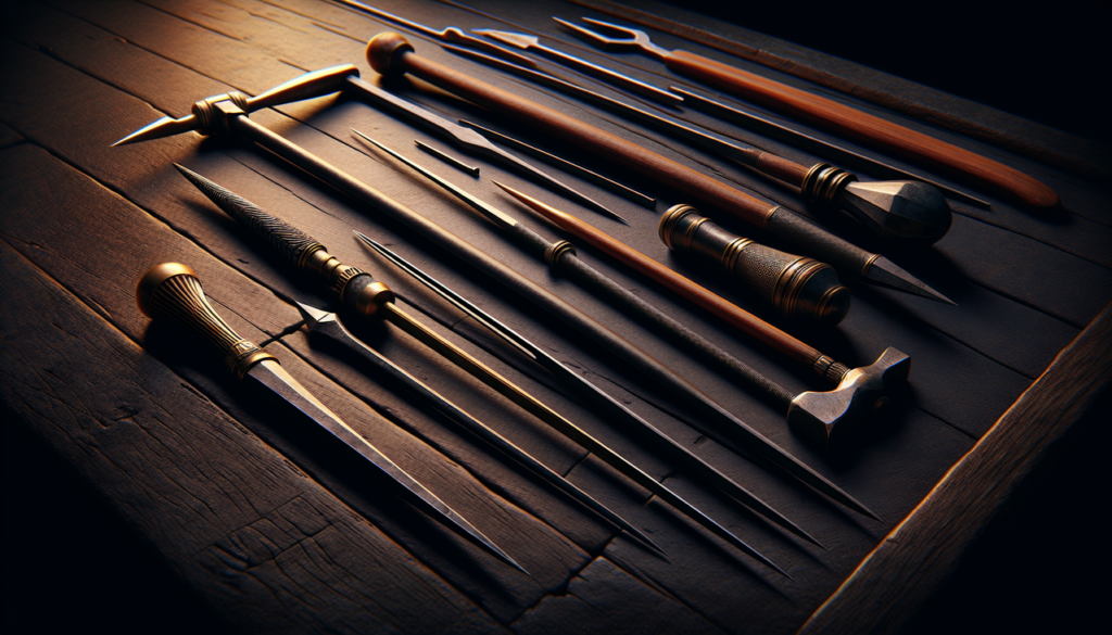 Afficher : Outils en X variés sur table en bois sombre.
