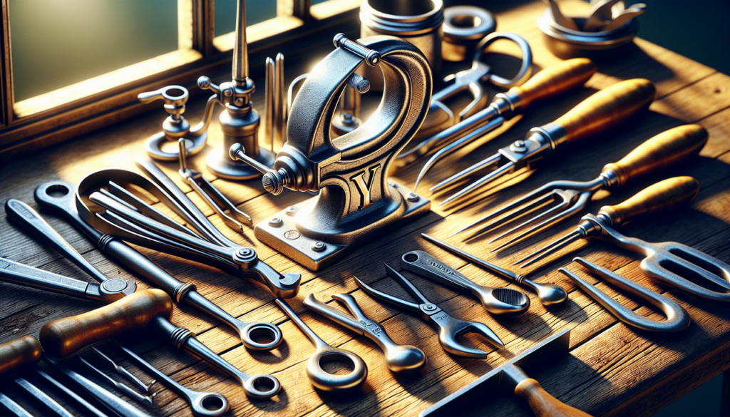 Outils en Y sur fond de bois, bien entretenus et éclairés par la lumière naturelle.