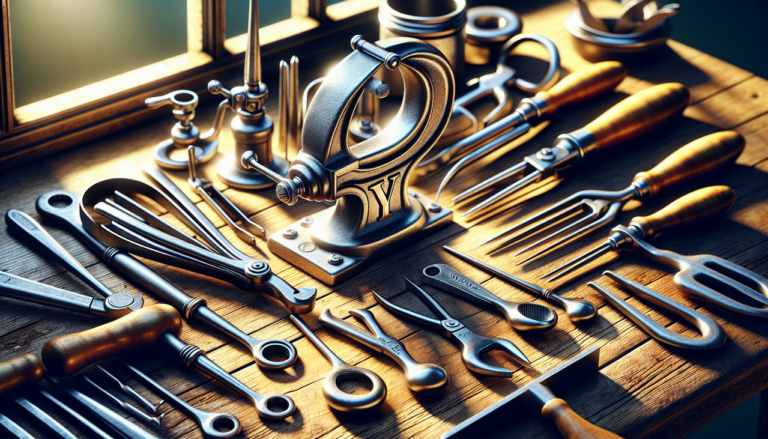 Outils en Y sur fond de bois, bien entretenus et éclairés par la lumière naturelle.