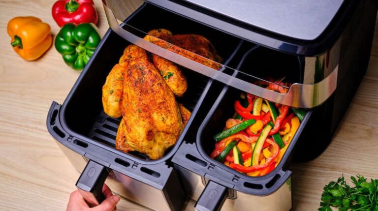 Comparaison visuelle entre un air fryer et un four pour illustrer la consommation énergétique