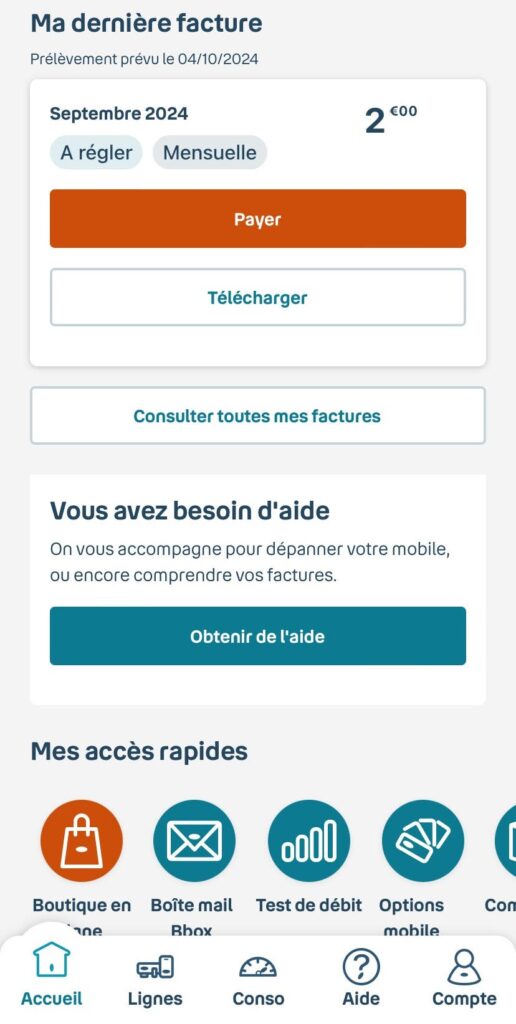 Interface de l'application Mon Assistant Bbox utilisée pour le dépannage de la connexion Bouygues