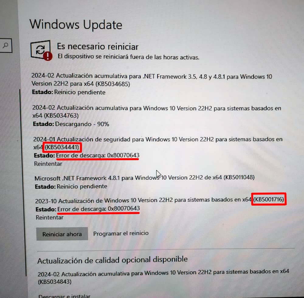Erreur 0x80070643 KB5034441 Windows Update
