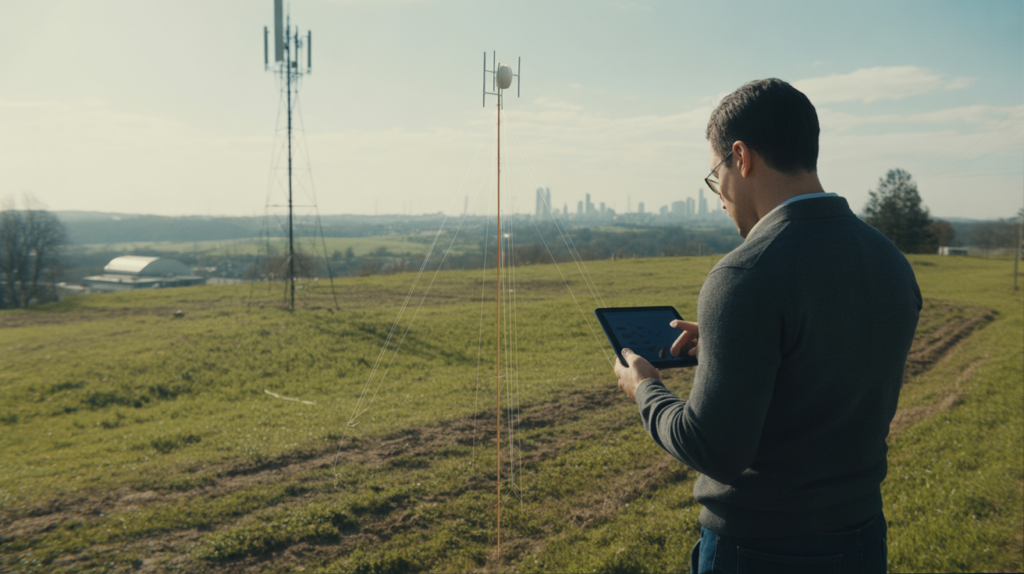 Ingénieur analysant un lien de transmission sans fil dans un champ, avec des antennes visibles au loin et une lumière naturelle réaliste.