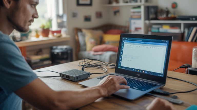 Scène réaliste d’un bureau où une personne accède à distance au bureau d’un Raspberry Pi via VNC sur un ordinateur portable, dans un environnement naturel et authentique.