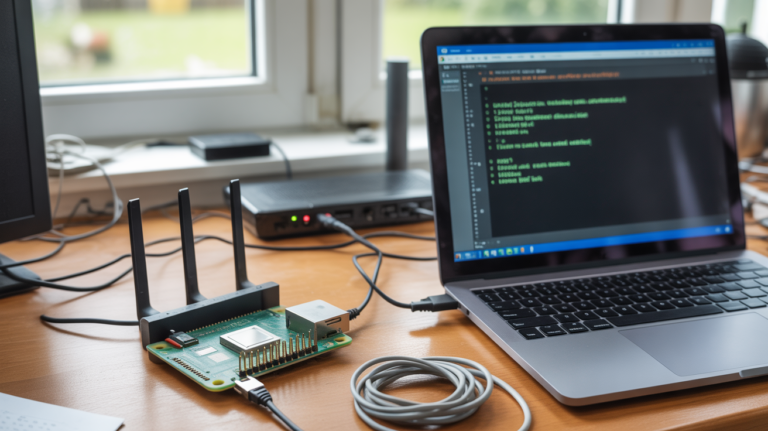 Scène réaliste d’un bureau montrant un Raspberry Pi connecté à un routeur et un ordinateur portable affichant un terminal SSH.