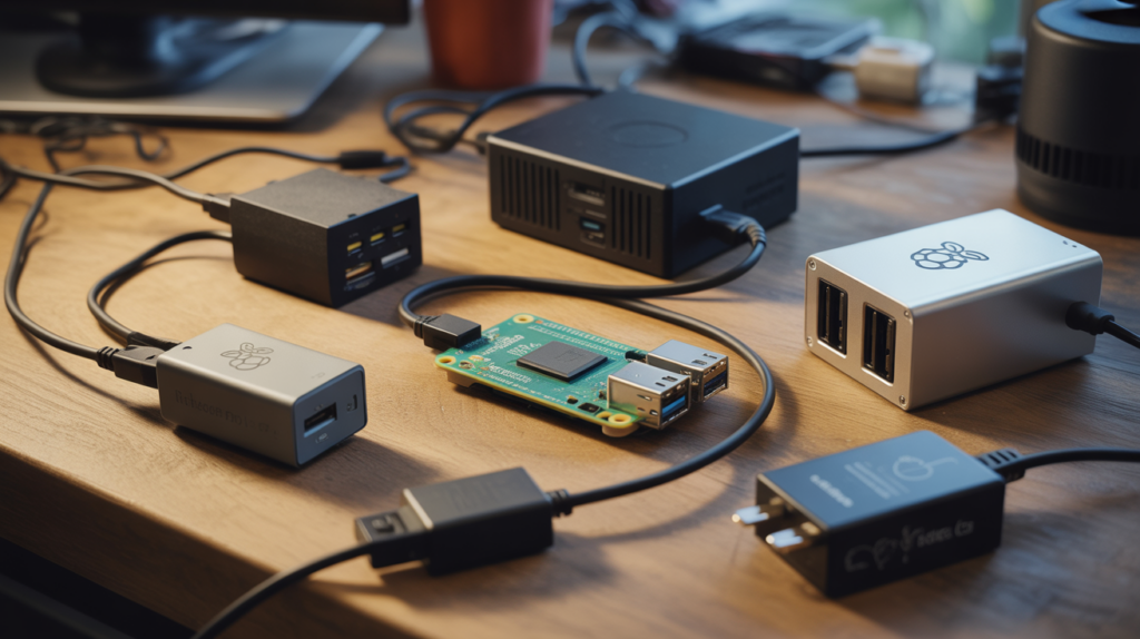 Scène réaliste montrant un Raspberry Pi 5 posé sur un établi en bois avec différents types d’alimentations USB‑C autour, dans un environnement authentique de bricolage.