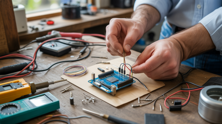 Photo réaliste d’un Arduino Nano sur un établi d’électronique, entouré d’outils et de composants dans un atelier
