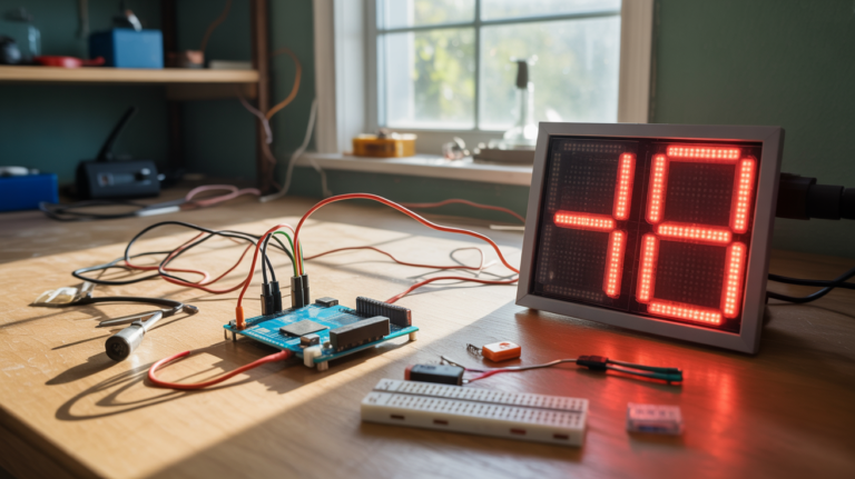 Projet Arduino réaliste sur un établi avec un affichage à 7 segments montrant un chiffre, éclairage naturel et environnement d’atelier authentique.