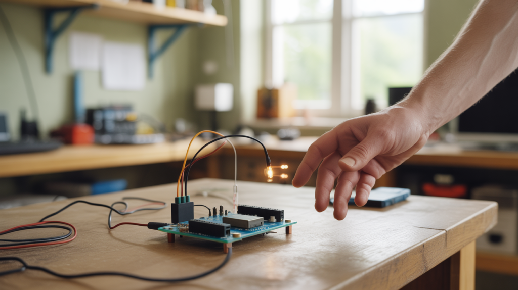 Scène réaliste montrant un capteur infrarouge connecté à un Arduino détectant le passage d'une main dans un atelier naturel.