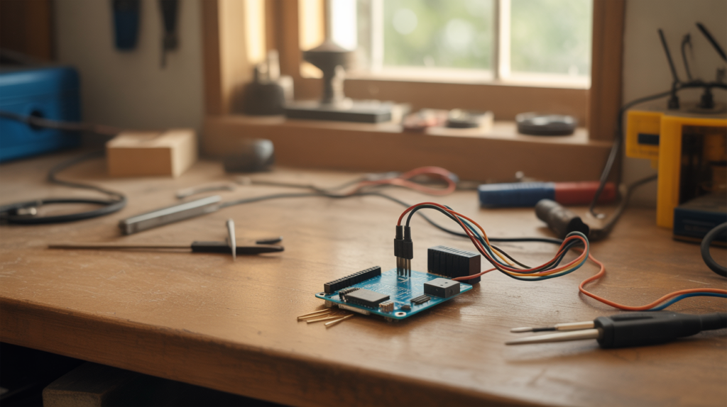 Plan rapproché d’un Arduino Uno connecté à un capteur ultrason HC-SR04 sur un établi en bois dans un atelier domestique authentique.