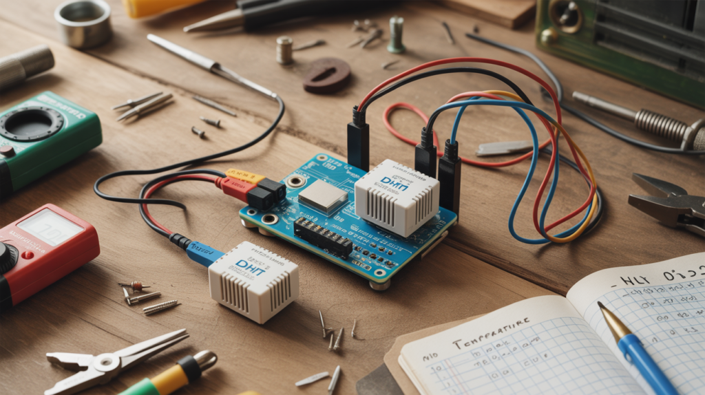 Photo réaliste d’un Arduino relié aux capteurs de température DHT11 et DHT22 sur un établi avec outils et notes.