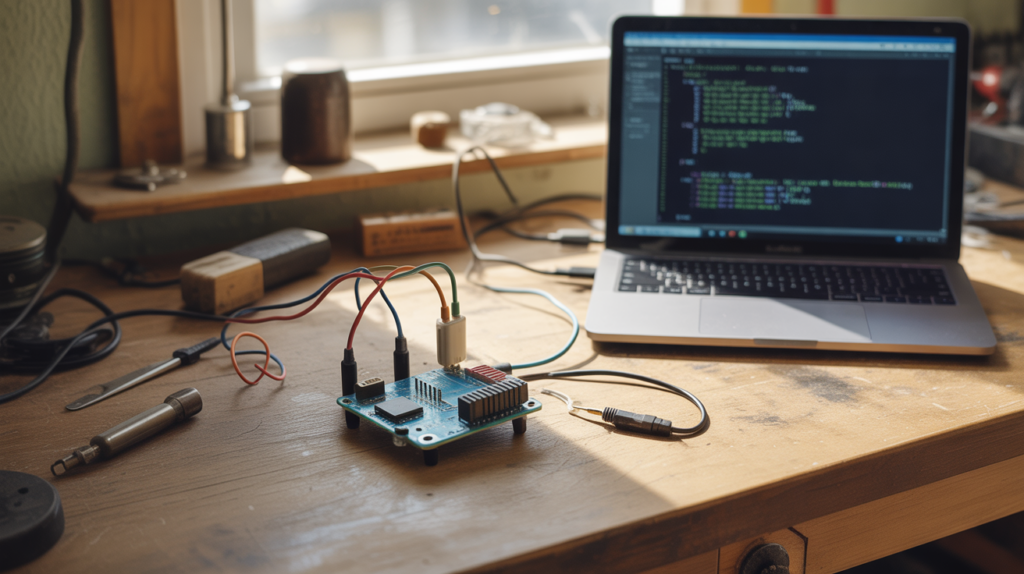 Scène réaliste montrant un Arduino connecté à un capteur DHT11 sur un établi avec des outils et un ordinateur affichant du code.