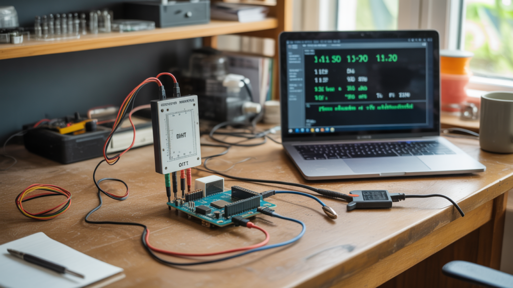 Scène réaliste d’un bureau d’électronique avec un Arduino et un capteur DHT22 connectés sur une table en bois, entourés d’outils et d’un ordinateur affichant des mesures.