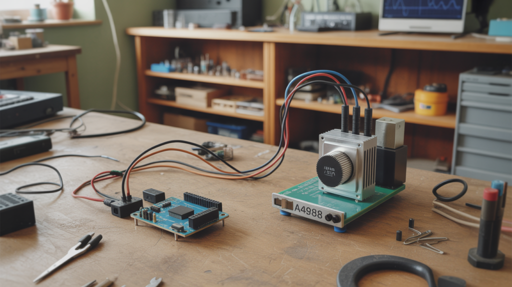 Photo réaliste d’un espace de travail électronique avec un Arduino, un driver A4988 et un moteur pas à pas sur un établi en bois