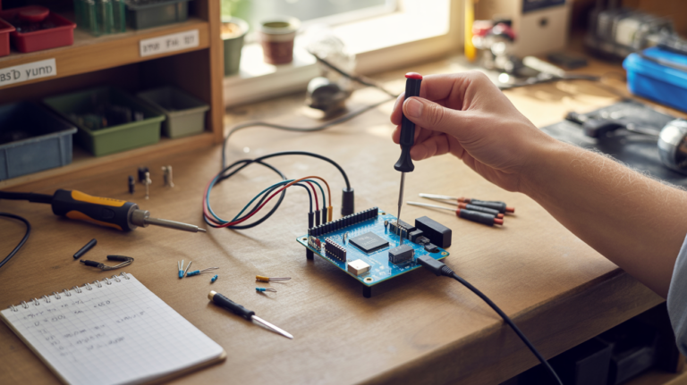 Scène réaliste d'un établi d'électronique avec un Arduino connecté à un module DS1307 et un technicien ajustant les connexions.