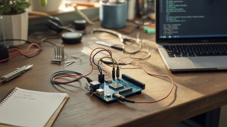 Atelier d’électronique réaliste montrant un Arduino câblé à un module RTC DS3231 sur un établi naturel