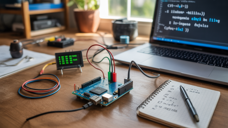 Scene réaliste d'un Arduino Uno fonctionnant sur un établi avec LEDs, écran OLED et outils d'électronique dans un environnement naturel et détaillé.