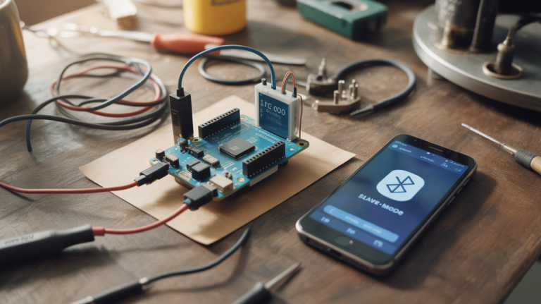 Photo réaliste d’un Arduino connecté à un module Bluetooth HC‑06 sur un établi avec outils et smartphone.