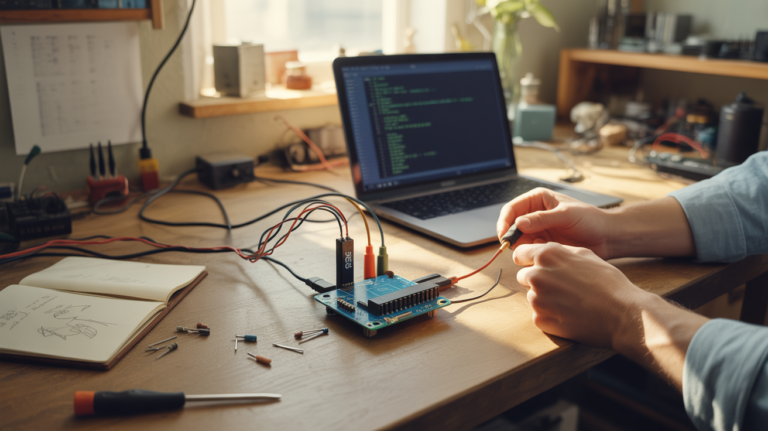 Scène réaliste d’un montage Arduino avec module Bluetooth HC‑06, câblé sur un bureau d’atelier naturel avec outils et ordinateur affichant du code.