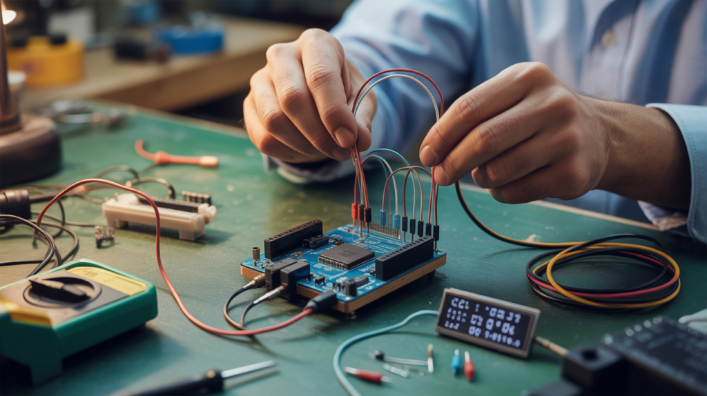 Gros plan réaliste d’un banc d’électronique avec un Arduino câblé en I2C, des mains ajustant les fils SCL et SDA dans un atelier authentique.