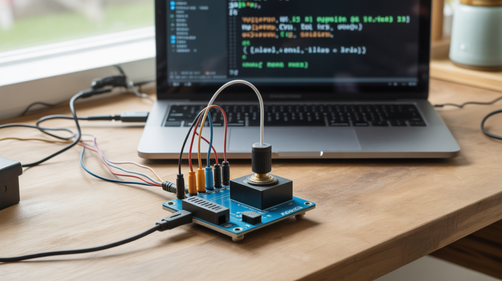Gros plan réaliste d’un Arduino connecté à un module joystick analogique sur un établi en bois avec un ordinateur affichant du code en arrière-plan.