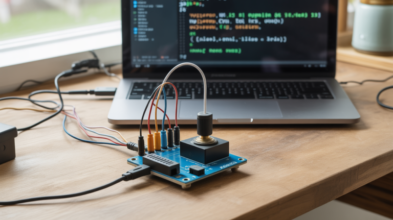 Gros plan réaliste d’un Arduino connecté à un module joystick analogique sur un établi en bois avec un ordinateur affichant du code en arrière-plan.