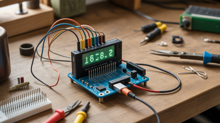 Montage Arduino avec écran LCD sans module I2C dans un atelier réaliste avec outils électroniques autour