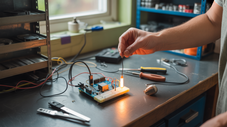 Scène réaliste d’un établi électronique avec un Arduino Uno, une LED clignotante et une main ajustant les fils dans un environnement de bricolage naturel et détaillé.