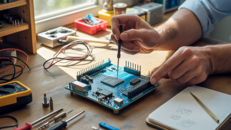 Scène réaliste d’un Arduino Mega étudié sur un établi d’électronique avec outils et mains humaines en train d’indiquer des broches.