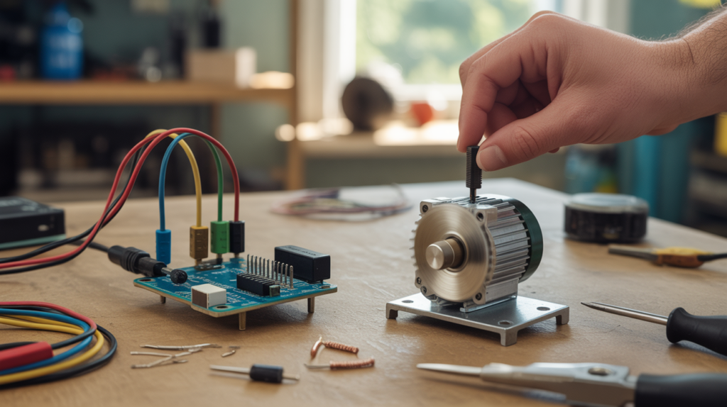Scène réaliste d’un montage Arduino contrôlant un moteur DC sur un établi d’électronique authentique.
