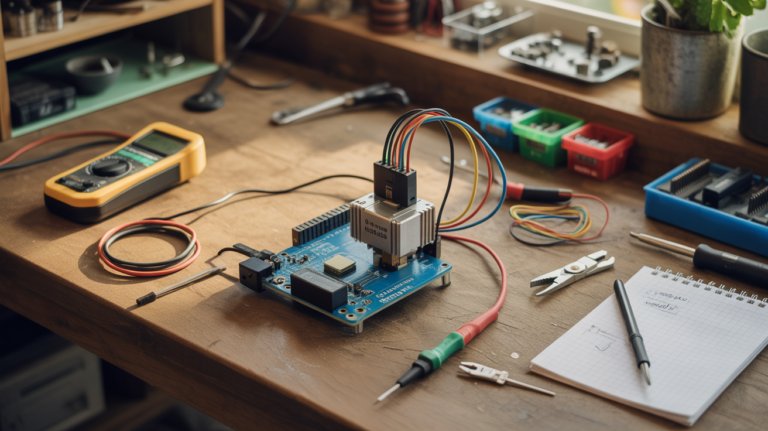 Scène réaliste d’un atelier montrant un Arduino connecté à un moteur pas à pas sur un établi en bois avec outils et composants électroniques.