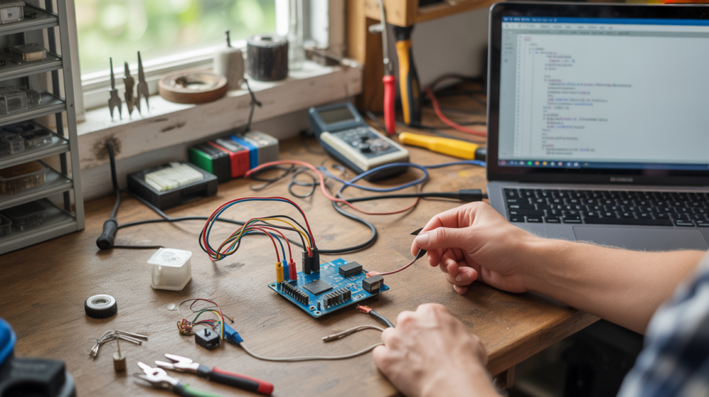 Gros plan réaliste d’un Arduino Nano utilisé sur un établi en bois avec des composants électroniques et une main ajustant un fil, dans un atelier authentique.