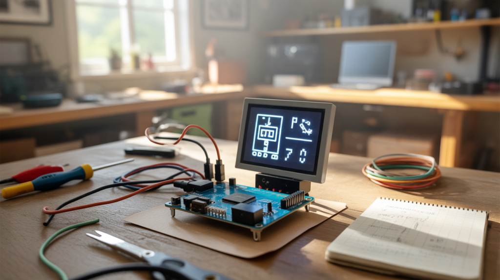 gros plan réaliste d’un montage arduino avec écran oled i2c sur établi en bois dans un atelier naturel