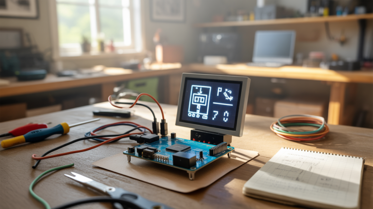 gros plan réaliste d’un montage arduino avec écran oled i2c sur établi en bois dans un atelier naturel